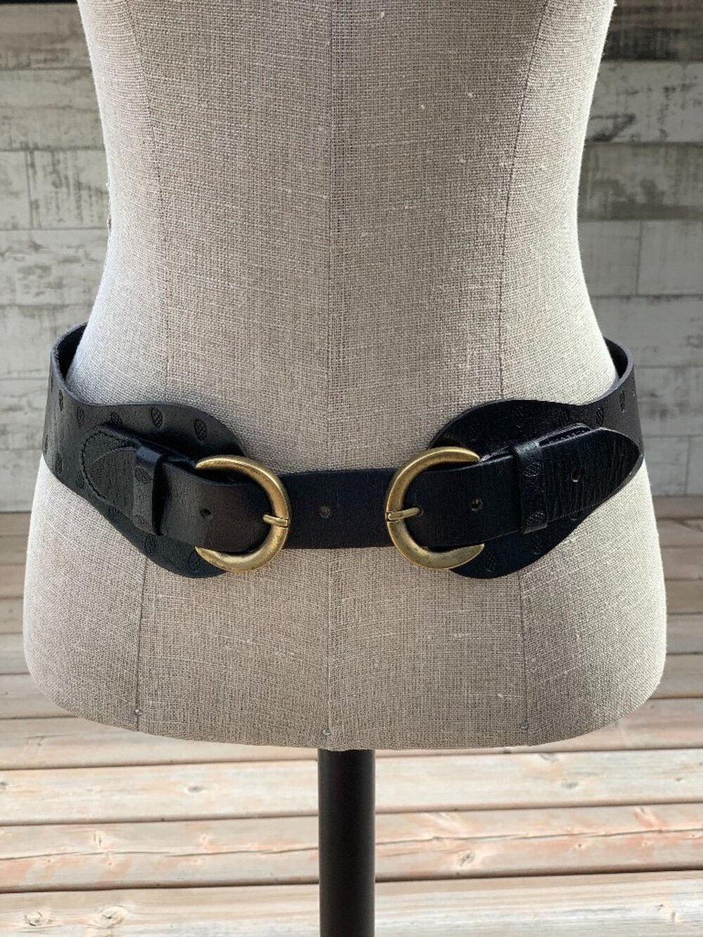 Linea Pelle Double Brass Buckle Brown Leather Cinch Belt M Equestrian Boho Chic